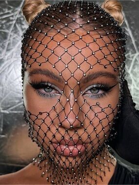 Crystal Embellished Black Mesh Face Veil Hat